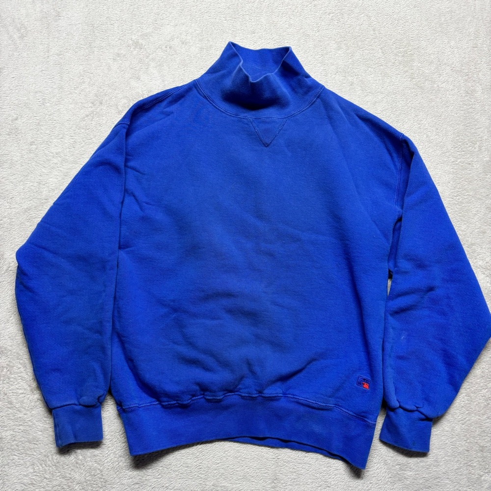 Vintage 90s Russell Athletic High Cotton Mock Neck Sweatshirt M Blue Blank USA